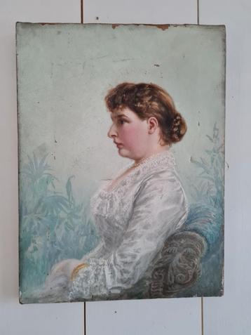 Olieverf Portret Jongedame.    Gesigneerd +/-1900