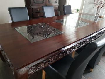 Koloniale Eettafel & Salontafel met Glasinleg beschikbaar voor biedingen