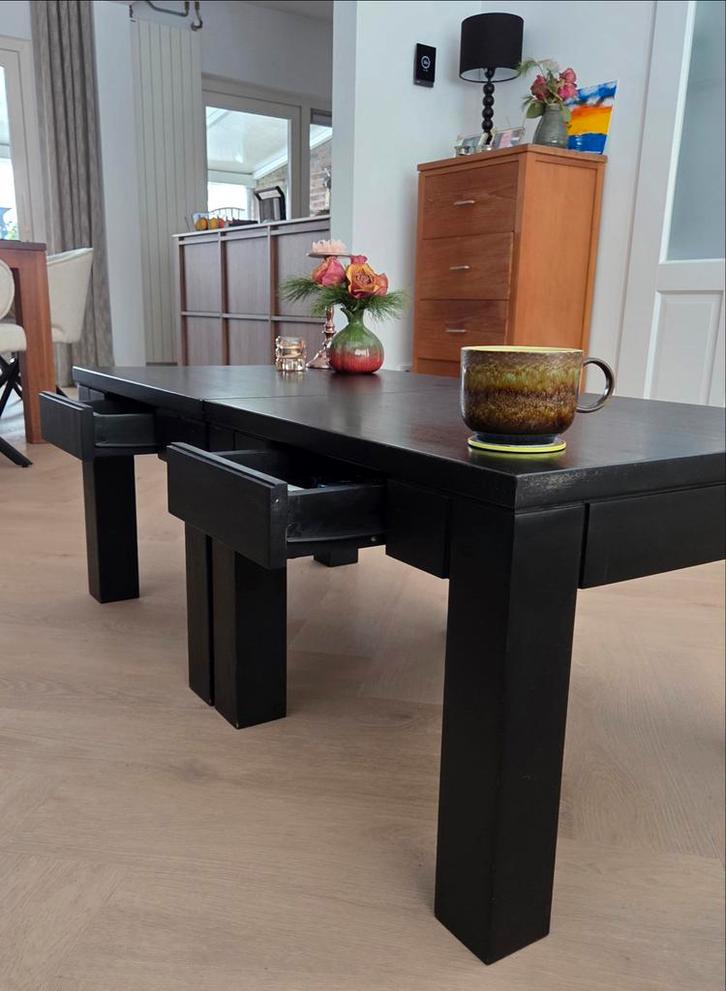 2x Zwarte Teakhouten Salontafels 60x60 met Lade, Huis en Inrichting, Tafels | Salontafels, Gebruikt, Minder dan 50 cm, 50 tot 100 cm