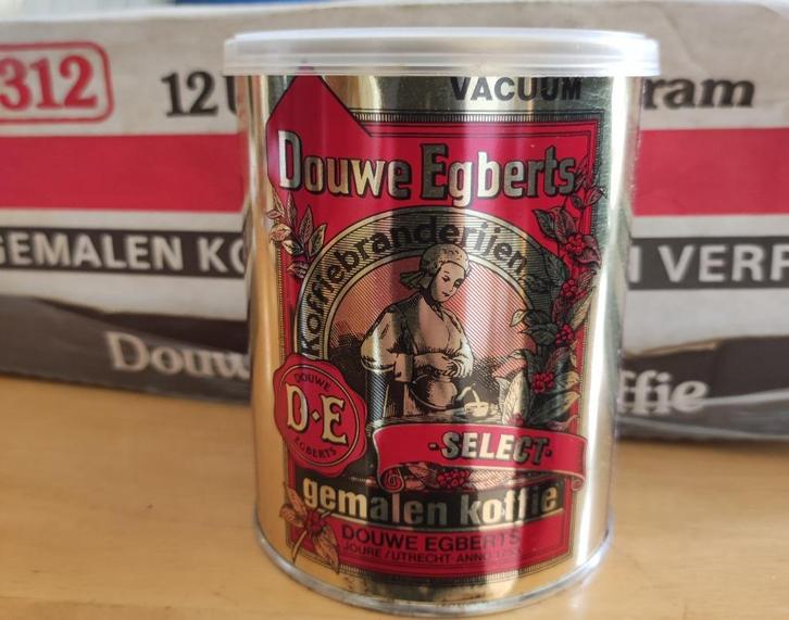 Douwe Egberts retro vacuüm koffieblik (10x) met koffie 1960, Verzamelen, Blikken, Nieuw, Koffie, Douwe Egberts, Ophalen of Verzenden