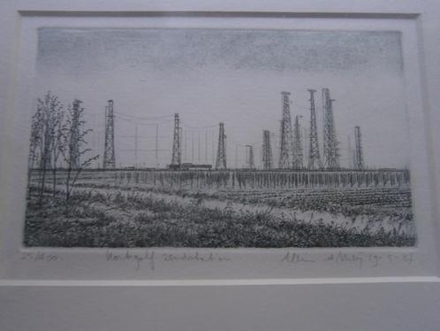 KORTEGOLF Zendstation Flevo in Nw Staat gesigneerd, Antiek en Kunst, Kunst | Etsen en Gravures, Ophalen of Verzenden
