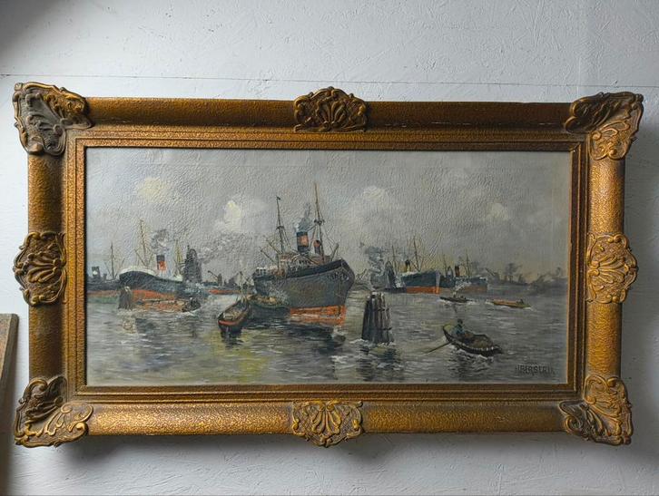 Hermanus Berserik olieverf op doek Haven met boten, Antiek en Kunst, Kunst | Schilderijen | Klassiek, Ophalen of Verzenden