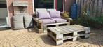 Pallet loungeset incl. kussens + tafel + 2 plantenbakken, Tuin en Terras, Tuinbanken, Ophalen, Gebruikt, Hout