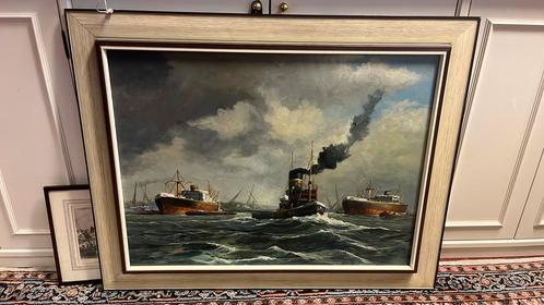 Havengezicht met schepen olieverf op doek, Antiek en Kunst, Kunst | Schilderijen | Klassiek, Ophalen of Verzenden