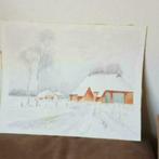 Aquarel winter bij de boerderij ongesigneerd, Antiek en Kunst, Kunst | Schilderijen | Klassiek, Ophalen