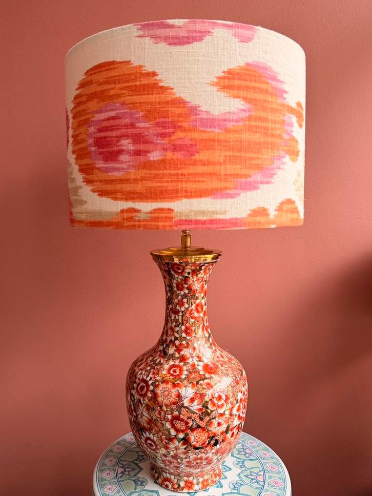 Chinese vaas-lamp oranje goud bloemen met kap dia 30 vm, Antiek en Kunst, Antiek | Lampen, Ophalen of Verzenden
