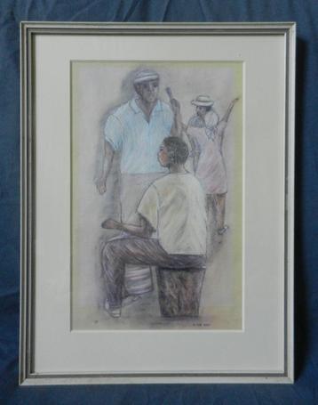 Krijttekening Vier figuren Curaçao Asyla ten Holt 1992 26x16 beschikbaar voor biedingen