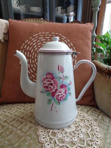 Brocante Emaille Koffiekan met Roze Rozen Germany **Mimosa** beschikbaar voor biedingen