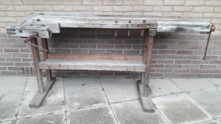 Vintage Houten Timmermans Werkbank met Dubbele Bankschroef, Doe-het-zelf en Verbouw, Werkbanken, Gebruikt, 170 cm of meer, Bankschroef
