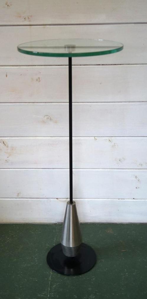 design bijzettafel jongleur Batenburg glas metaform metaal., Huis en Inrichting, Tafels | Bijzettafels, Gebruikt, Rond, 60 cm of meer