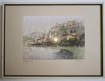 Salzburg op zijde achter glas.Gesigneerd. beschikbaar voor biedingen