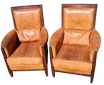 2 strakke schapenleren fauteuils + BEZORGING GRATIS, Gebruikt, Art deco, Ophalen of Verzenden, Leer