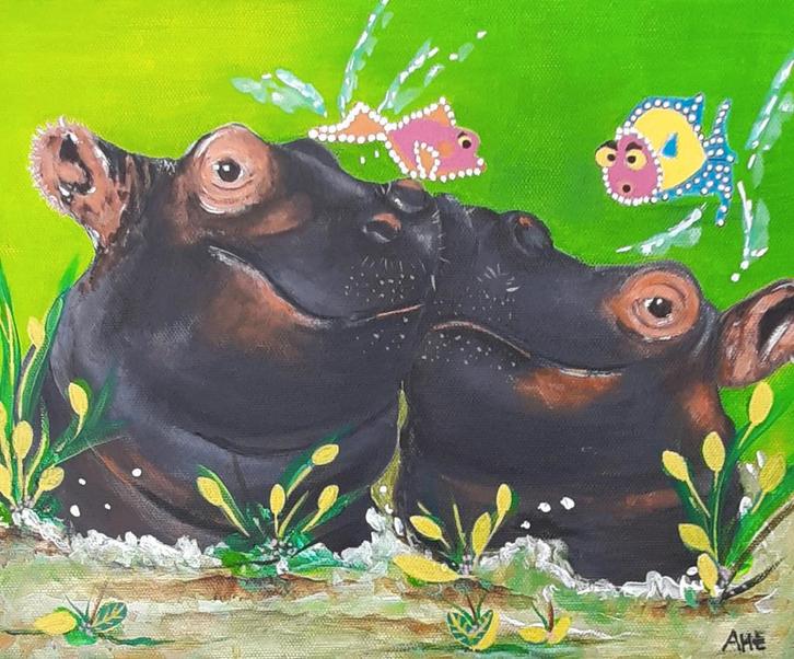 Schilderij Nijlpaarden in vrolijk acryl op canvas, Antiek en Kunst, Kunst | Schilderijen | Modern, Ophalen of Verzenden