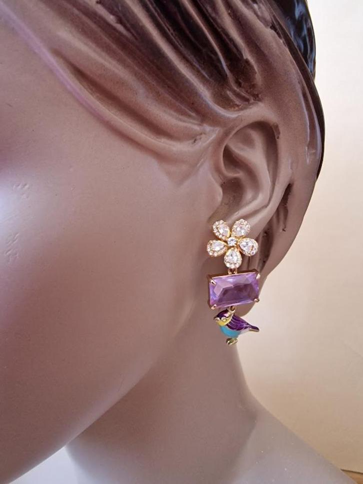 Oorbellen bloem en vogeltje blauw/lila met Swarovski kristal, Sieraden, Tassen en Uiterlijk, Oorbellen, Nieuw, Knopjes of Stekers