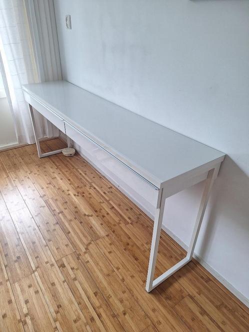 Wit bureau met glazen blad en 2 lades – 1804175 cm, Huis en Inrichting, Bureaus, Gebruikt, Bureau, Ophalen