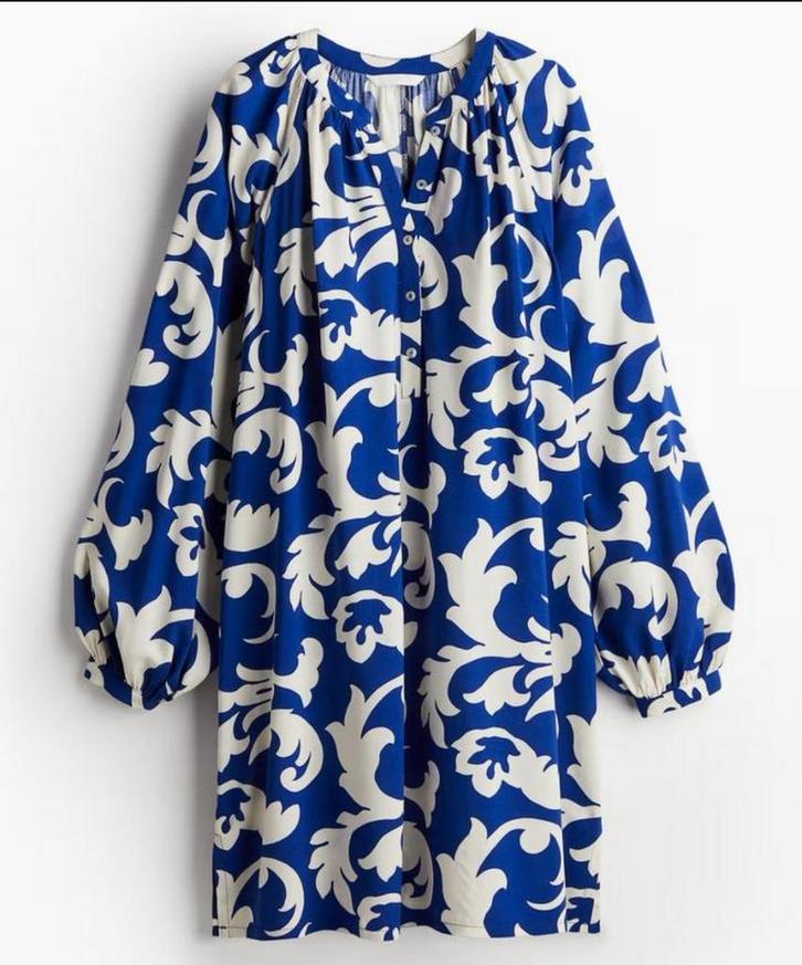 H&M Jurk XL (42/44) Blauw/Ecru Viscose, Kleding | Dames, Jurken, Zo goed als nieuw, Maat 42/44 (L), Blauw, Knielengte, Ophalen of Verzenden