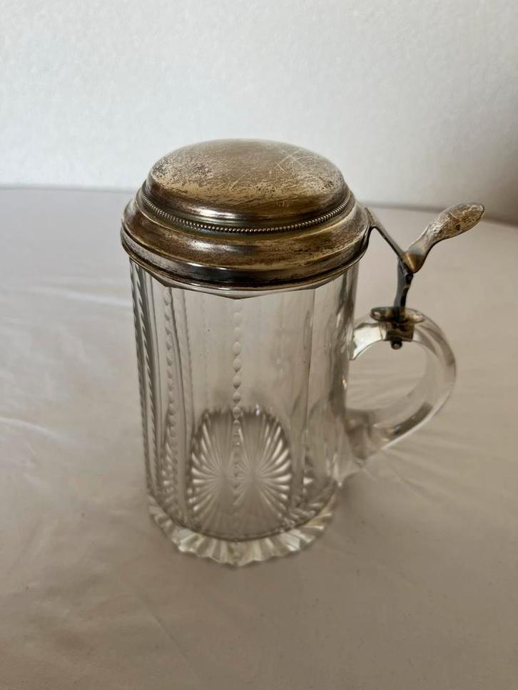 Biedermeier Stijl Kristallen Bierpul met Zilveren Deksel, Antiek en Kunst, Antiek | Glas en Kristal, Ophalen of Verzenden