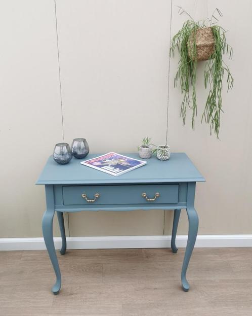 Bijzettafeltje met lade Queen Ann Blue Pine, Huis en Inrichting, Tafels | Bijzettafels, Zo goed als nieuw, Rechthoekig, 60 cm of meer