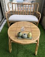 IKEA balkonset – 2 rotan banken + salontafel, Huis en Inrichting, Tafels | Salontafels, Ophalen, Gebruikt, 100 tot 150 cm, 50 tot 100 cm
