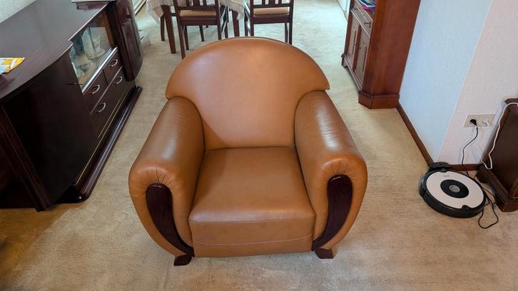 Art Deco leren fauteuil nooit op gezeten, Huis en Inrichting, Fauteuils, Zo goed als nieuw, Hout, Leer, 50 tot 75 cm, 75 tot 100 cm