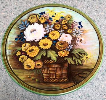 Groot (46cm) antiek wandbord met zonnebloemen (stilleven) beschikbaar voor biedingen
