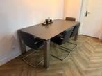 Eettafel met 4 grijslerenstoelen geborsteld staal, Huis en Inrichting, Tafels | Eettafels, 200 cm of meer, Zo goed als nieuw, Vijf personen of meer