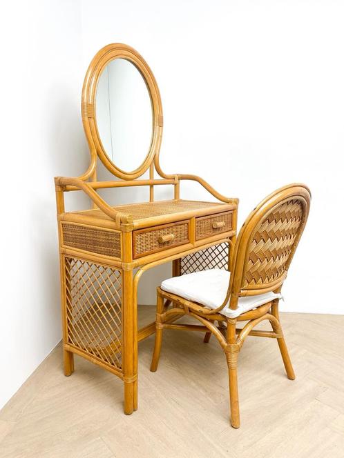 Vintage rotan rieten kaptafel make-up tafel, spiegel, Huis en Inrichting, Tafels | Kaptafels, Zo goed als nieuw, 150 tot 200 cm