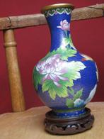 Chinees cloisonné vaas blauw chrysanten onderzetter hout, Ophalen of Verzenden