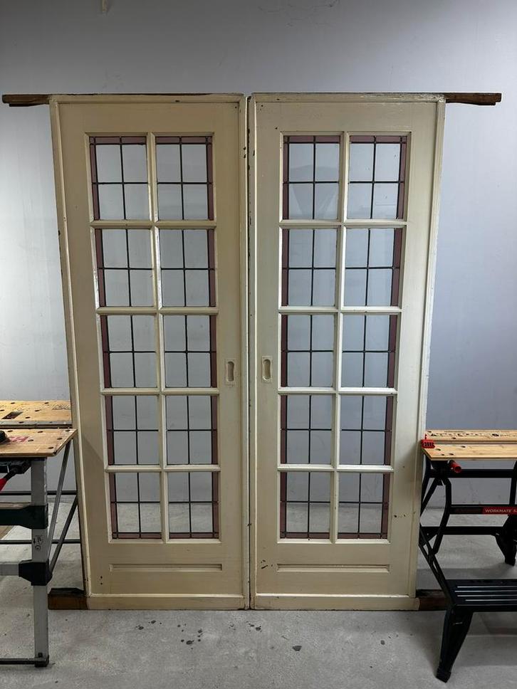 Set ensuite schuifdeuren met glas in lood jaren 30, Doe-het-zelf en Verbouw, Deuren en Horren, Zo goed als nieuw, Binnendeur, 200 tot 215 cm