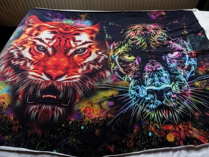 Kleurige Tijger en Panter kop stretch-katoenen doek 115x145, Huis en Inrichting, Woonaccessoires | Schilderijen, Tekeningen en Foto's