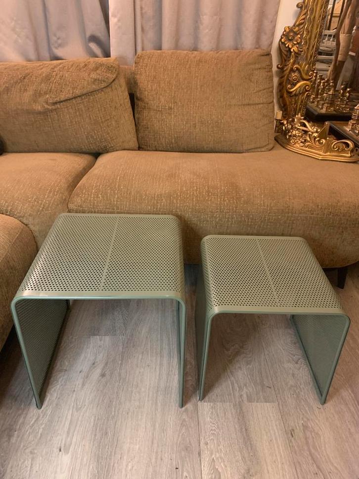 Set van 2 groene bijzettafels staal retro, Huis en Inrichting, Tafels | Bijzettafels, Zo goed als nieuw, Vierkant, Minder dan 45 cm