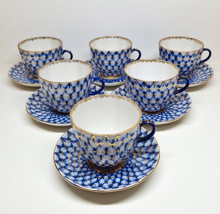 Porseleinen theeset Cobalt Net Lomonosov, 2e helft 20e eeuw., Antiek en Kunst, Antiek | Porselein, Ophalen of Verzenden