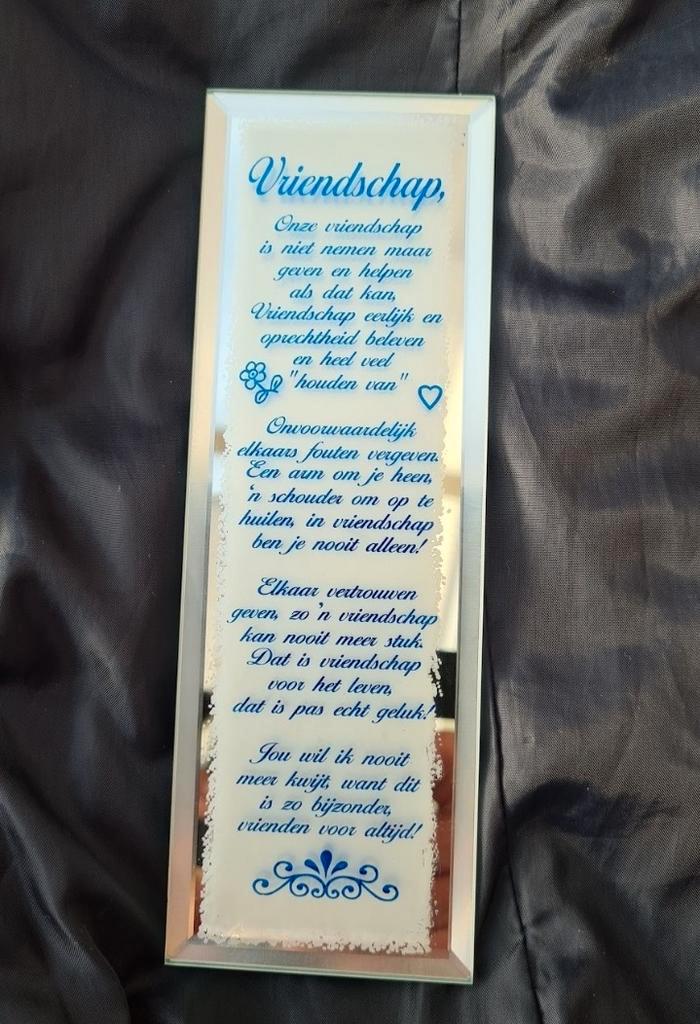 Spiegel gedicht "vriendschap". Puntgaaf!, Huis en Inrichting, Woonaccessoires | Tekstborden en Spreuken, Zo goed als nieuw, Ophalen of Verzenden
