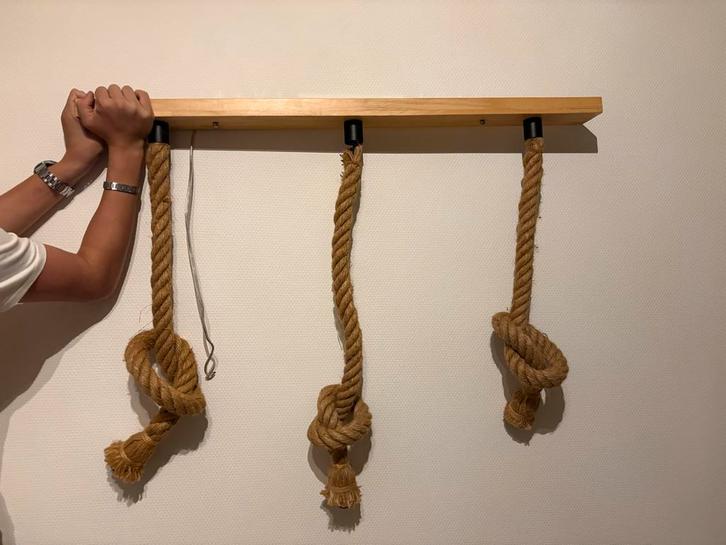 Unieke Houten Lamp met Touw Design, Huis en Inrichting, Lampen | Vloerlampen, Zo goed als nieuw, Minder dan 100 cm, Hout, Ophalen