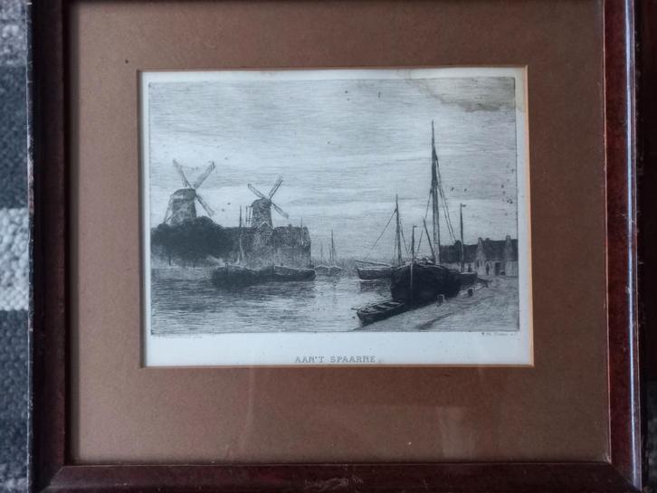 4 x Aan't Spaarne -heide- werf  Antieke Ets in Orig.Lijst, Antiek en Kunst, Kunst | Etsen en Gravures, Ophalen of Verzenden