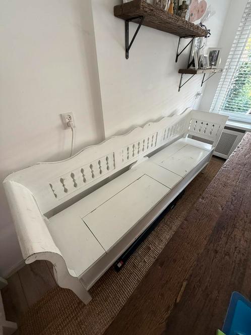 Witte houten klepbank – 2,30 m breed – met opbergruimte, Huis en Inrichting, Banken | Sofa's en Chaises Longues, Gebruikt, Hout