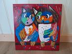 Vrolijk schilderij - Uiltjes op tak, Antiek en Kunst, Ophalen of Verzenden