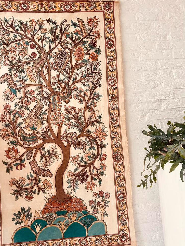 Vintage Wandkleed Levensboom XL op latten 160 x 91 cm, Antiek en Kunst, Kunst | Niet-Westerse kunst, Ophalen of Verzenden