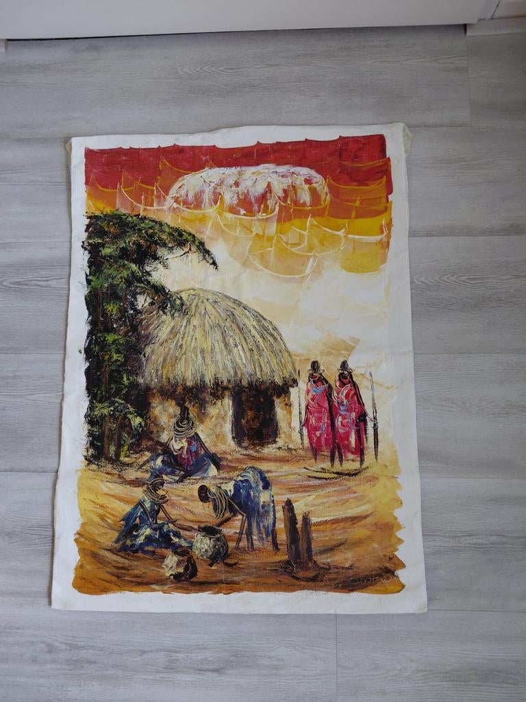 Schilderij afrika maasai dorp gesigneerd, Antiek en Kunst, Ophalen