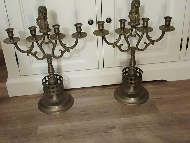2 Antieke Hollandse Leeuwenkandelaars: Wapen van Amsterdam, Antiek en Kunst, Antiek | Kandelaars, Koper of Brons, Ophalen of Verzenden