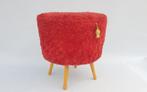 Retro pluche poef / vintage naaibox / naaipoef - Ø 42 cm, Minder dan 50 cm, Gebruikt, Hout, Minder dan 50 cm