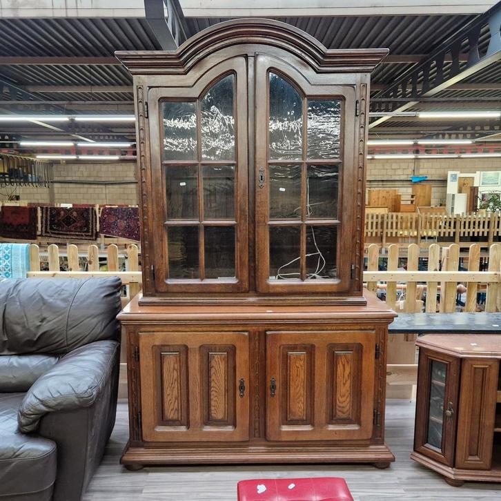 eiken buffetkast/ vitrinekast, Huis en Inrichting, Kasten | Buffetkasten, Gebruikt, 150 tot 200 cm, 100 tot 150 cm, 25 tot 50 cm