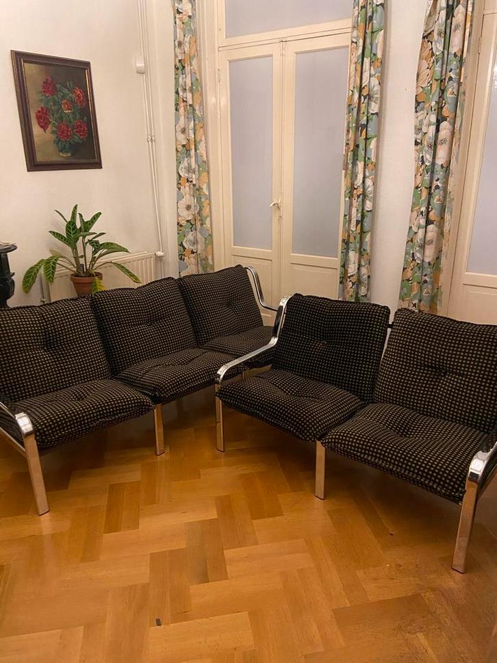 Retro Bankstel set, 2- en 3-zits, Chrome, jaren 70, Huis en Inrichting, Banken | Bankstellen, Zo goed als nieuw, Rechte bank, Overige maten