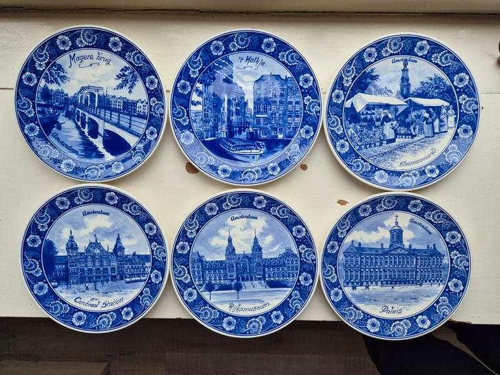 6 Delftsblauwe Amsterdamse Decoratiebordjes, Antiek en Kunst, Antiek | Wandborden en Tegels, Ophalen