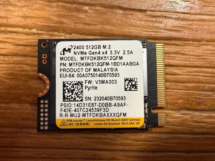 NVMe SSD 512GB M.2 2230 PCIe 4.0 x4, Computers en Software, Harde schijven, Zo goed als nieuw, Laptop, Intern, SSD, Overige aansluitingen