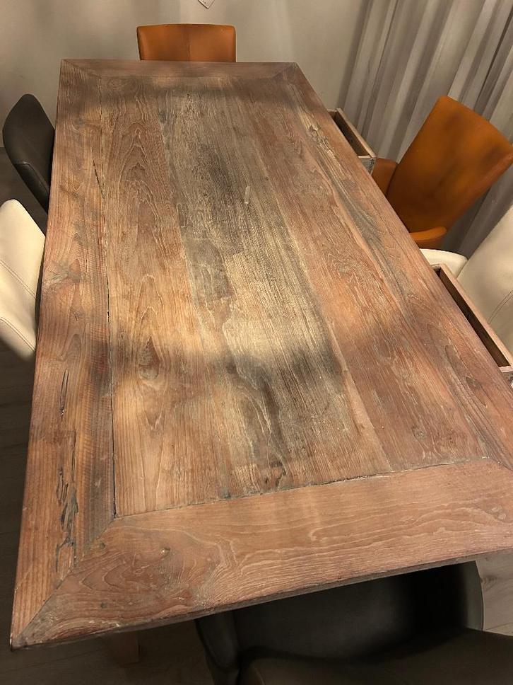 Massief houten eettafel + 6 XOOOC stoelen (bieden), Huis en Inrichting, Tafels | Eettafels, Gebruikt, 50 tot 100 cm, 200 cm of meer