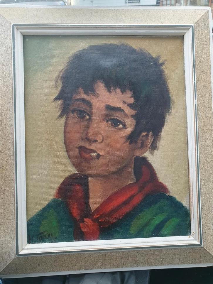 Olieverfschilderij van Jongen met Rode Sjaal, Antiek en Kunst, Kunst | Schilderijen | Klassiek, Ophalen of Verzenden