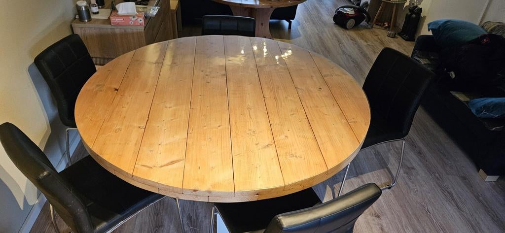 Robuuste ronde vurenhouten eettafel - 150cm, Ophalen, Rond, Grenenhout, Zo goed als nieuw