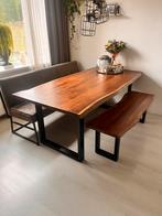 Houten Eettafel met Bank en Bankje, Huis en Inrichting, 100 tot 150 cm, Eikenhout, Ophalen of Verzenden, Zo goed als nieuw