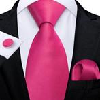 Effen zijde roze stropdas pochet en manchetknopen heren, Verzenden, Nieuw, Roze, Effen